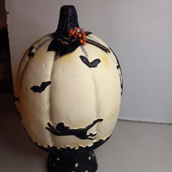 Halloween White Jack-O-Lantern on Black with White Polka-a Dots Pedestal - Picture 4 of 8